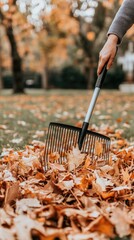 Wall Mural - Autumn leaves are being raked and placed into black bags, aided by a fan, as a person focuses on the task of collection