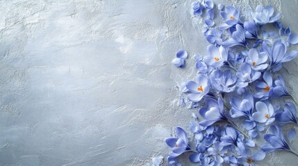 Poster - Vibrant violet flowers are clustered artistically on a light gray surface, showcasing their delicate petals and bright orange centers, creating a serene spring atmosphere perfect for decorative use.
