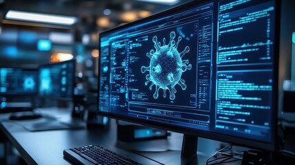 a computer monitor displaying a virus on a screen with code in the background.