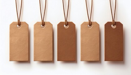 Wall Mural - Five blank kraft paper tags with strings, showcasing different textures, ideal for crafting or labeling.