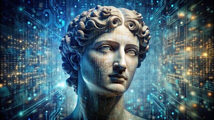 Art collage of antique sculpture and programming code symbolizing artificial intelligence
