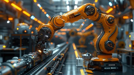 Aufkleber - A robotic arm operates in a high-tech manufacturing facility, showcasing automation and precision in industrial processes under ambient orange lighting.