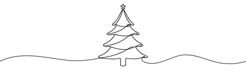 Continuous one line drawing Christmas Tree Vector Icon, Happy Xmas Monoline Spruce, New Year Pines Holiday Silhouettes, One Line Christmas Tree Shapes Illustration