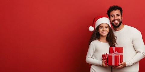 Wall Mural - A joyful father and daughter duo, wrapped in sweaters, present beautifully wrapped gifts. Their smiles highlight the warmth and joy of the Christmas holiday season.