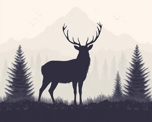 Silhouette of a deer with antlers standing in a forest with mountains in the background.