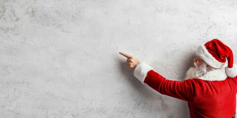 A joyful Santa Claus points forward while standing against a textured white background, inviting viewers to experience the holiday spirit with cheer and excitement.