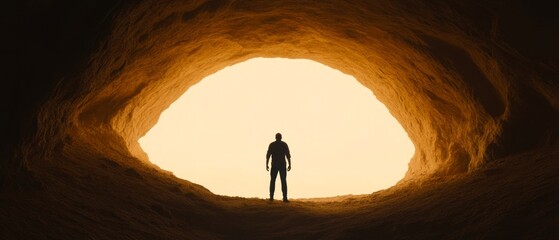 Canvas Print - Silhouette of a man standing in a cave, looking out towards a bright light.