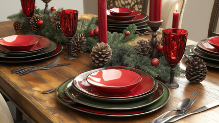 : Red and green Christmas table setting with red dinner plates, black salad plates, a dark brown wooden dining room table, pine cones and evergreen decorations