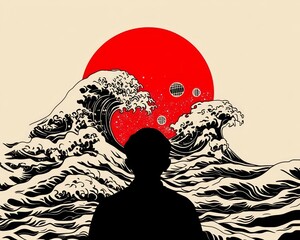 Silhouette of a person standing in front of a large wave with a red sun in the background.