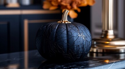 Black pumpkin with gold stem and intricate floral pattern on a marble surface.