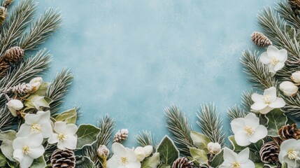 Wall Mural - A beautiful display of white flowers and pinecones surrounded by evergreen branches rests on a soft blue background, capturing the essence of winter and holiday cheer in an elegant arrangement.