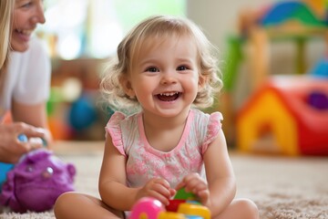 Little child with a joyful smile playing with toys on the floor in a home setting, with an adult nearby