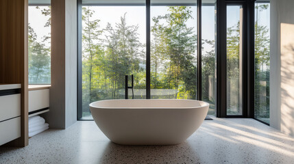 Wall Mural - Modern bathroom with freestanding bathtub and forest view
