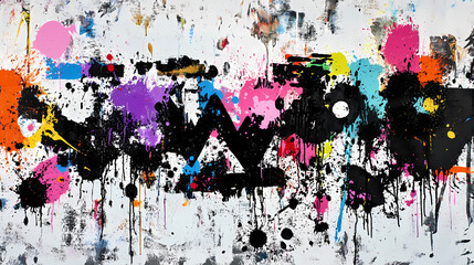 Black graffiti paint splatter creates a grunge effect on a white background, showcasing the raw energy of street art in a striking visual composition. Splatter Painting. Illustration