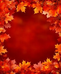 Wall Mural - Red background featuring autumn leaves scattered, showcasing warm fall colors, nature's seasonal change.