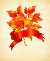 Wall Mural - Autumn leaves tied with red ribbon, showcasing rich hues of orange, yellow, and brown, symbolizing fall.