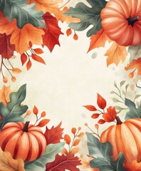 Wall Mural - Watercolor painting depicting pumpkin surrounded by autumn leaves, showcasing warm earthy tones, seasonal art.