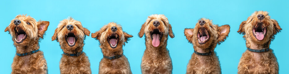 Funny labradoodles isolated on blue background. Playful happy dogs for dog lovers with laughter 