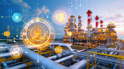 Sticker - close up view of modern refinery showcasing intricate pipes and valves, illuminated by vibrant sunset. image captures complexity and scale of industrial operations, emphasizing technology and