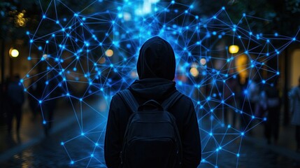 A hooded figure stands in a city street with a glowing network of digital connections behind them.