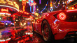 © AlexPhototest - vibrant city scene featuring sleek red sports car illuminated by neon lights, reflecting on wet pavement. atmosphere is energetic and dynamic, showcasing urban nightlife