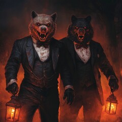 Two anthropomorphic bears in suits with lanterns, standing in a dark forest.