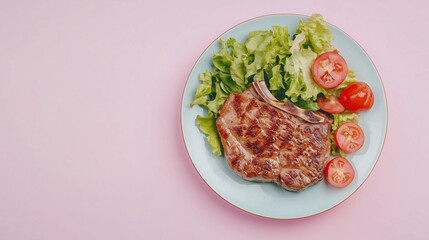 top view of medium pork steak with salad on plate isolated on pastel background