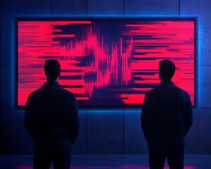 Two businessmen looking at a large screen displaying a red digital data visualization with a blue light in the background.