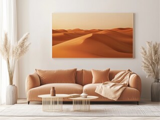 Abstract sand dunes in warm earth tones under a gentle sunset sky, with minimalistic, flowing shapes that evoke calmness.