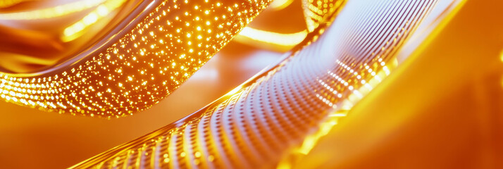 3D abstract curve speed line wave spriral glass with glitter star particles flowing, gold and orange binary code line shiny virtual space aurora sky ocean land cosmetic shiny web tech background