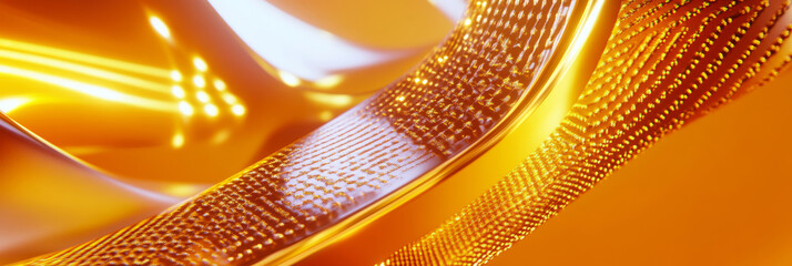 3D abstract curve speed line wave spriral glass with glitter star particles flowing, gold and orange binary code line shiny virtual space aurora sky ocean land cosmetic shiny web tech background