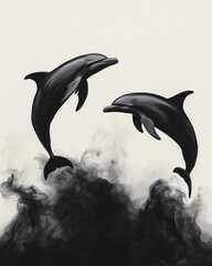 Two dolphins leap from a swirling cloud of ink against a white background.