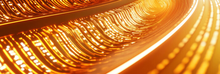 3D abstract curve speed line wave road tunnel with glitter star particles flowing, gold and orange binary code line shiny virtual space aurora sky ocean land cosmetic shiny web tech background