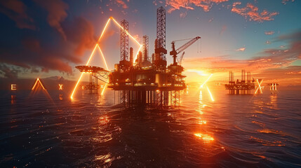 Wall Mural - Offshore oil rig at sunrise with calm sea and industrial structures reflecting golden light. serene atmosphere contrasts with robust machinery, creating captivating scene