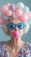 An old woman wearing pastel blue sunglasses and a floral patterned robe, with her hair styled in pink bubbles, blowing bubble gum.