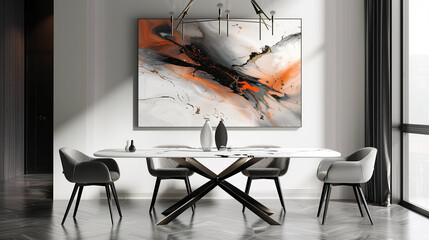 Wall Mural - modern minimalist dining area with a marble dining table, streamlined metal chairs, and a single abs