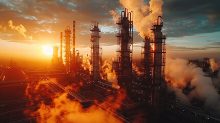 Sticker - stunning silhouette of oil refinery plant at dawn, showcasing towering structures against vibrant sky filled with smoke and steam. scene captures industrial beauty and energy of facility