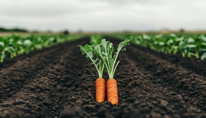 Two fresh carrots growing in a field of green leafy plants with rich brown soil.