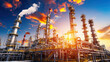 © AlexPhototest - Industrial oil refinery with smoke rising from chimneys against vibrant sunset sky, showcasing complex machinery and structures. scene captures essence of energy production and industrial activity