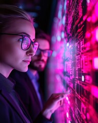 Two individuals analyzing data on a futuristic digital display.