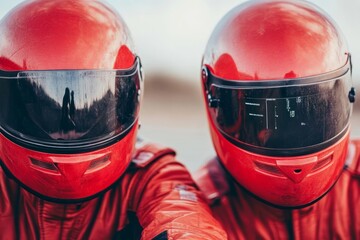 Two individuals in red racing suits and helmets, ready for motorsport action.