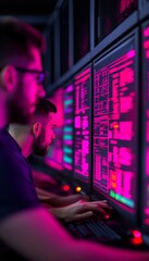 Two individuals working on computers with vibrant screens in a tech environment.