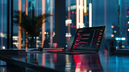 Wall Mural - software codes display on screen of a laptop on the table in modern office, web development software