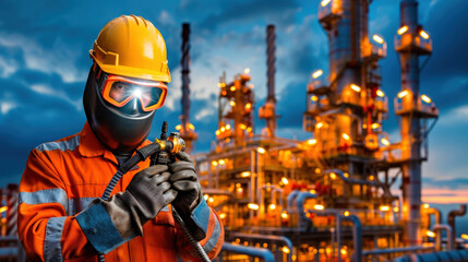 Poster - Underwater welder in protective gear working on oil platform at dusk, showcasing industrial environment and safety measures