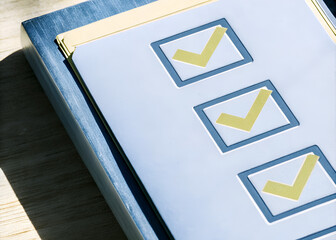 Three Check Marks in Blue Squares on a Light Blue Background, a Symbol of Completion and Success