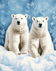 Wall Mural - Two polar bears sitting in the snow, facing forward, against a blue background with snowflakes.