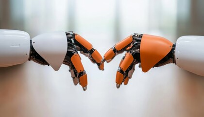 Two robotic hands reaching towards each other in a gesture of connection.