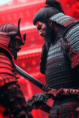 Two samurai warriors face each other, one drawing his sword, in front of a red Japanese temple.