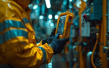 Poster - A worker in a yellow jacket checks a digital device in a high-tech industrial environment, emphasizing safety and precision.