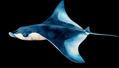 watercolor illustration of a blue manta ray swimming in the ocean.